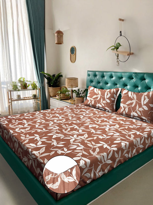 Brown Floral 300 TC Cotton Blend Fitted Double Bedsheet with 2 Pillow Covers