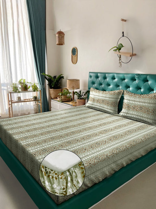 Green Floral 400 TC Pure Cotton Fitted Double Bedsheet with 2 Pillow Covers