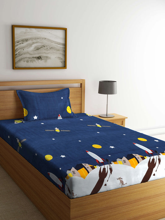 Klotthe Blue Kids Print Cotton Blend Single Bedsheet with Pillow cover