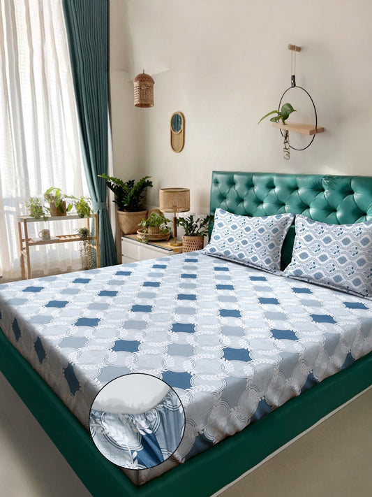 Blue Geometric 400 TC Pure Cotton Fitted Double Bedsheet with 2 Pillow Covers