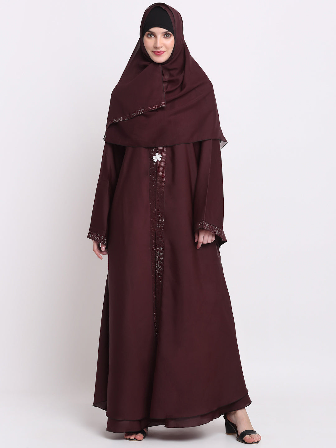Klotthe Women Burgundy Embellished Burqa With Scarves