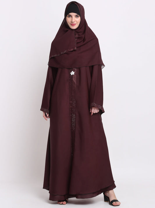 Klotthe Women Burgundy Embellished Burqa With Scarves