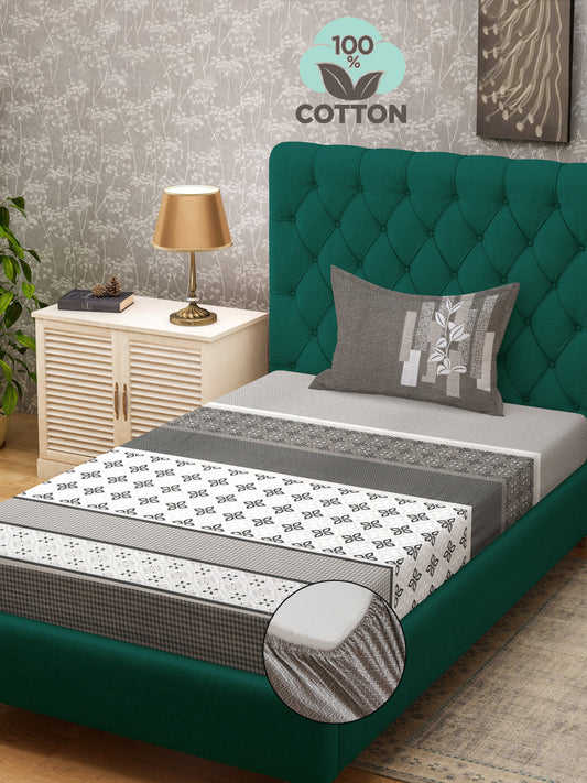 Klotthe Black Geometric 400 TC Pure Cotton Fitted Single Bedsheet with Pillow Cover