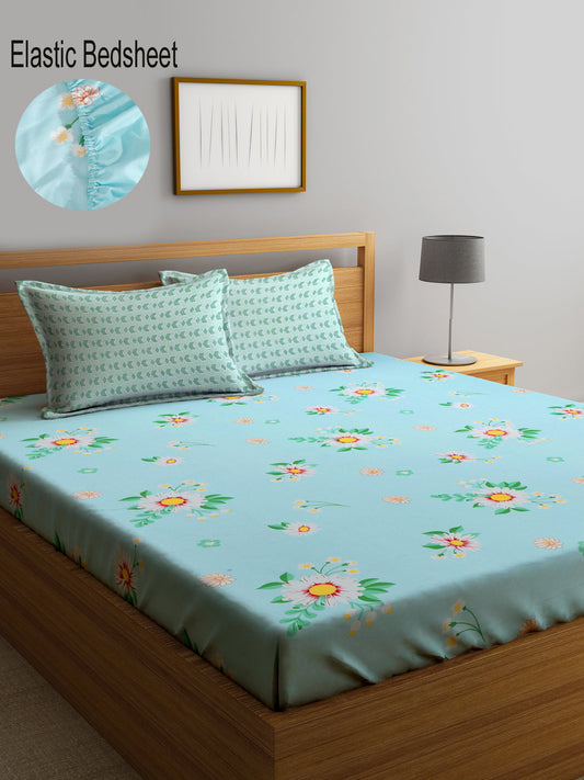 Klotthe Multicolor Floral 300 TC Cotton Blend Fitted Double Bedsheet with 2 Pillow Covers