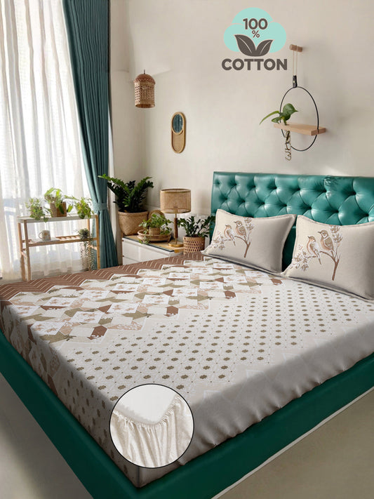 Klotthe Brown Geometric 400 TC Pure Cotton Fitted Super King Double Bedsheet with 2 Pillow covers