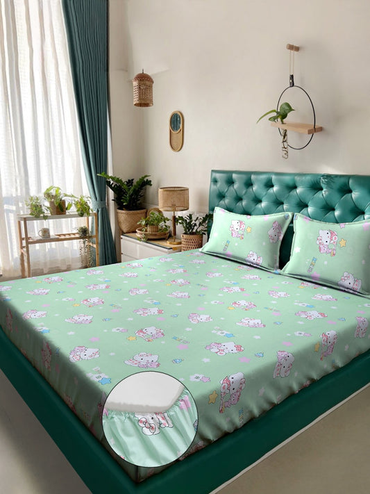 Green Cartoon Characters 400 TC Fitted Pure Cotton Double Bedsheet with 2 Pillow Covers