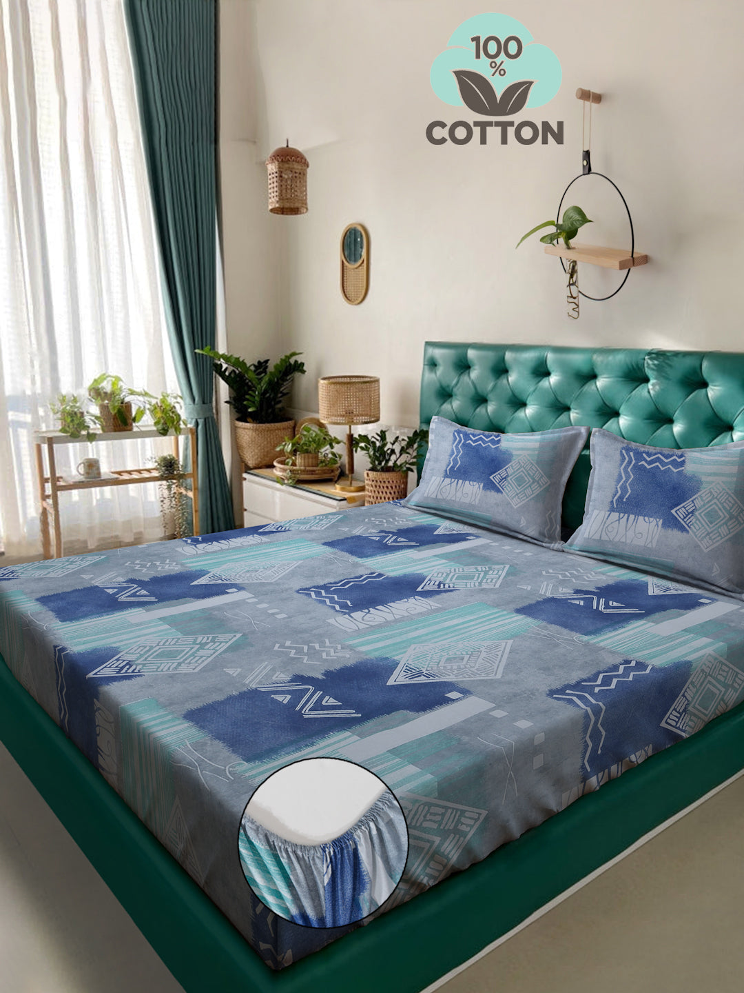 Klotthe Blue Geometric 400 TC Pure Cotton Fitted Double Bedsheet with 2 Pillow Covers