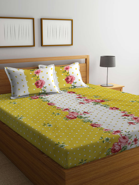 Klotthe Multicolor Floral 300 TC Cotton Blend Fitted Double Bedsheet with 2 Pillow Covers