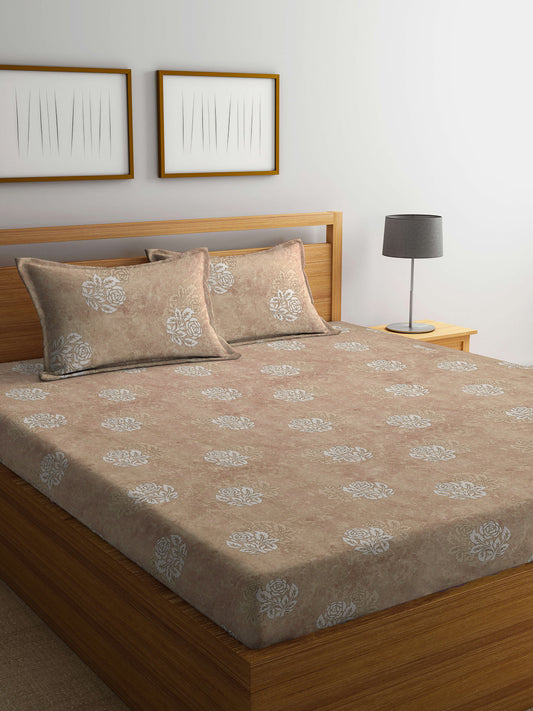 Klotthe Beige Floral 400 TC Pure Cotton Double Bedsheet with 2 Pillow Covers