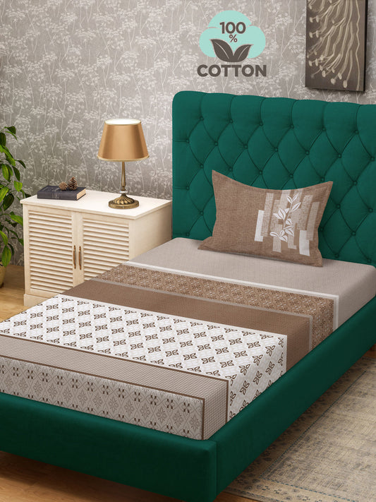 Klotthe Brown Geometric 400 TC Pure Cotton Single Bedsheet with Pillow Cover