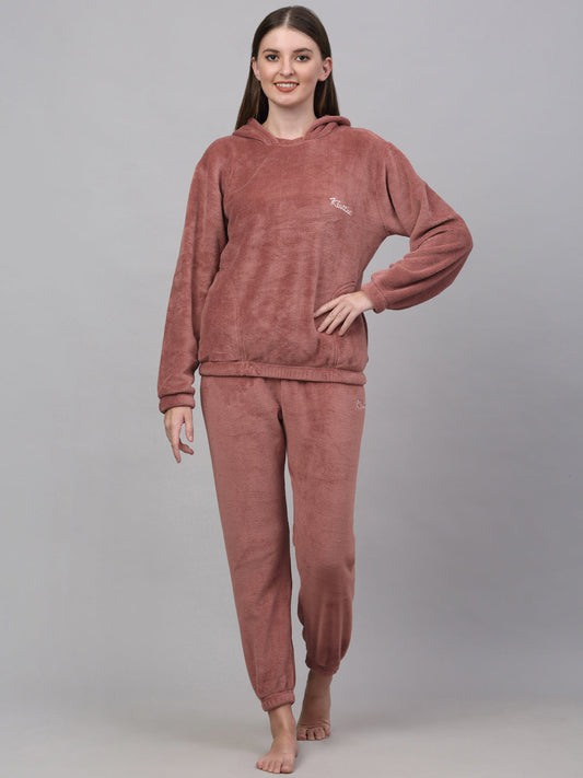 Klotthe Women Rust Wool Blend Solid Hooded Night Suit