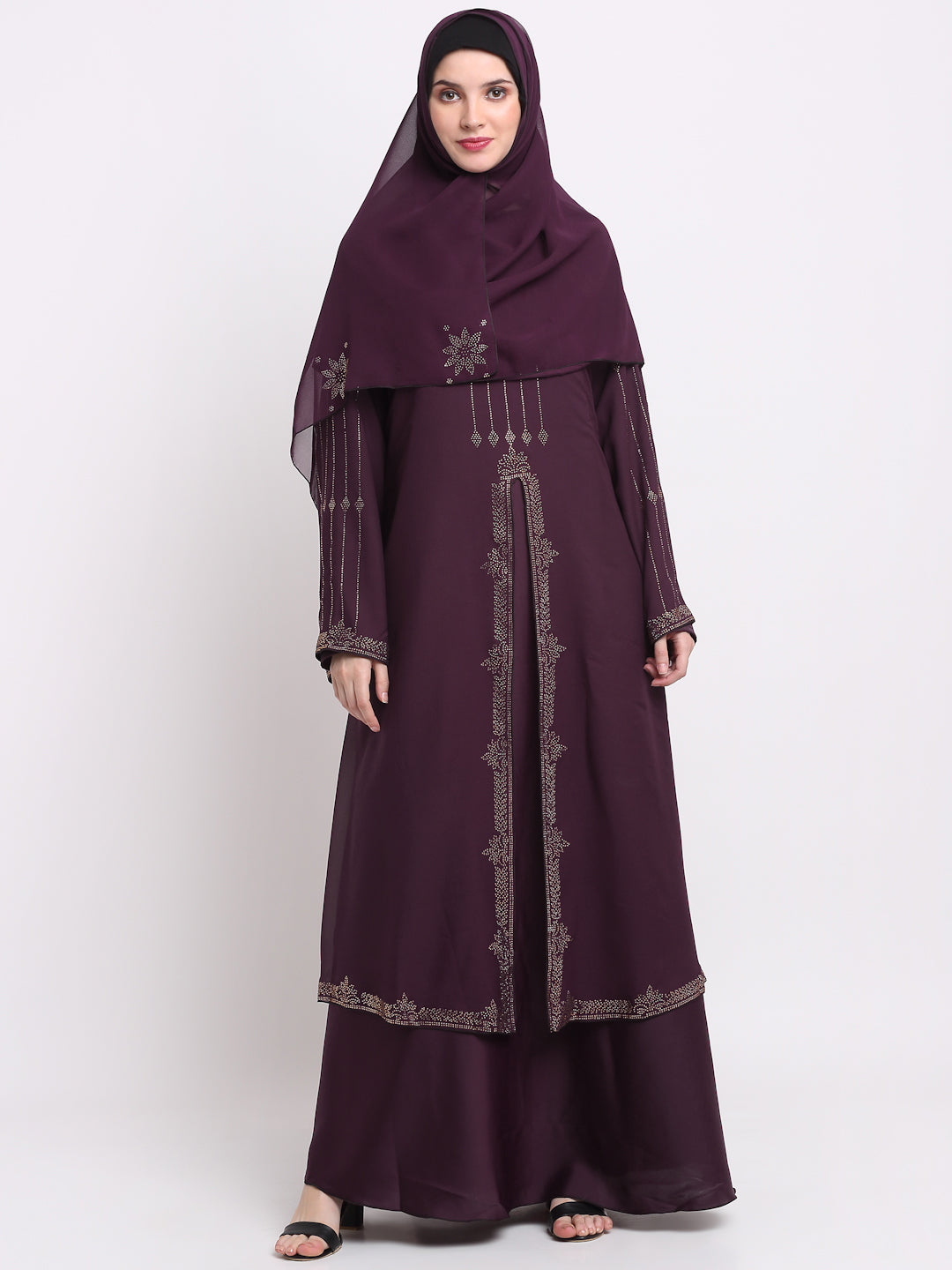 Klotthe Women Burgundy Embellished Burqa With Scarves