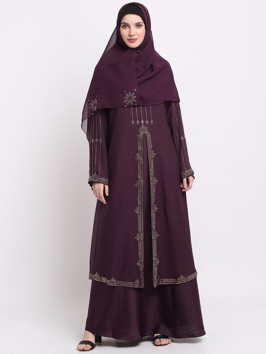 Klotthe Women Burgundy Embellished Burqa With Scarves