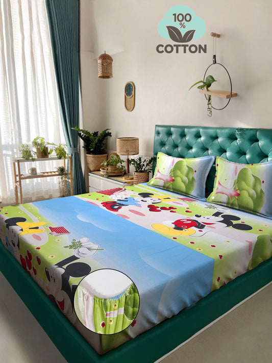 Klotthe Green Cartoon Characters 400 TC Pure Cotton Fitted Double Bedsheet with 2 Pillow Covers