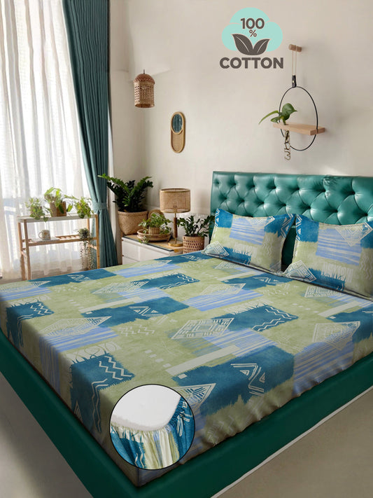 Klotthe Green Geometric 400 TC Pure Cotton Fitted Double Bedsheet with 2 Pillow Covers