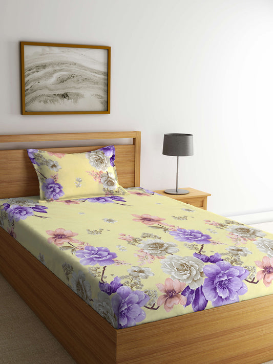Klotthe Yellow Floral 300 TC Cotton Blend Single Bedsheet with Pillow Cover