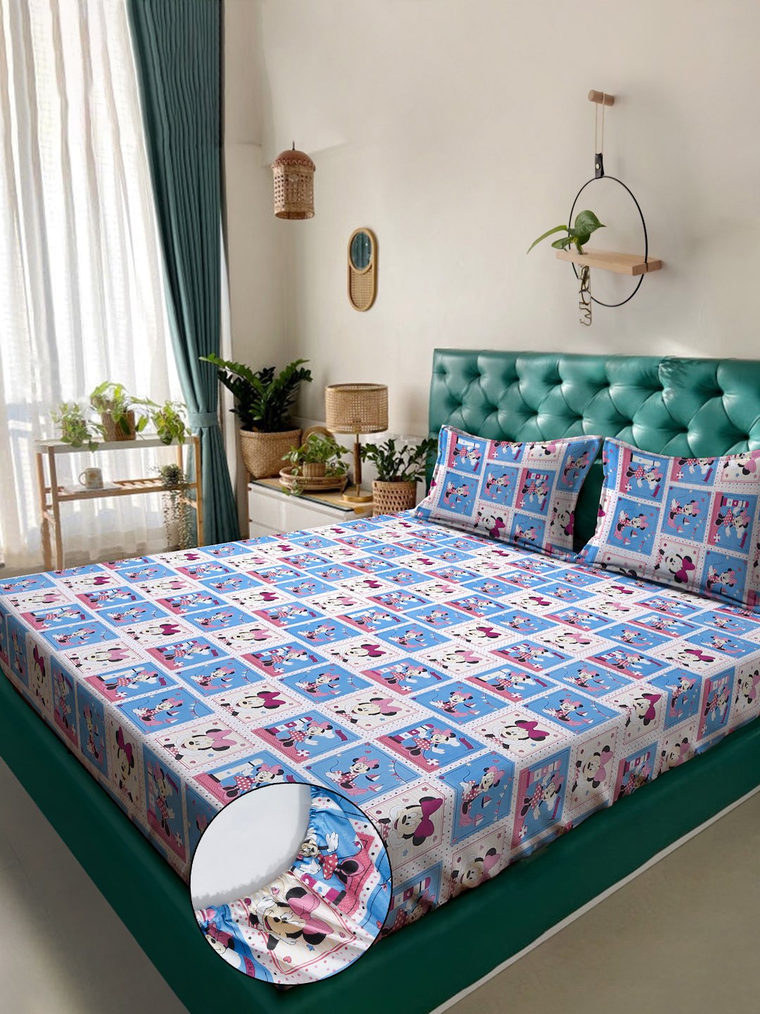 Blue Cartoon Characters 400 TC Pure Cotton Fitted Double Bedsheet with 2 Pillow Covers