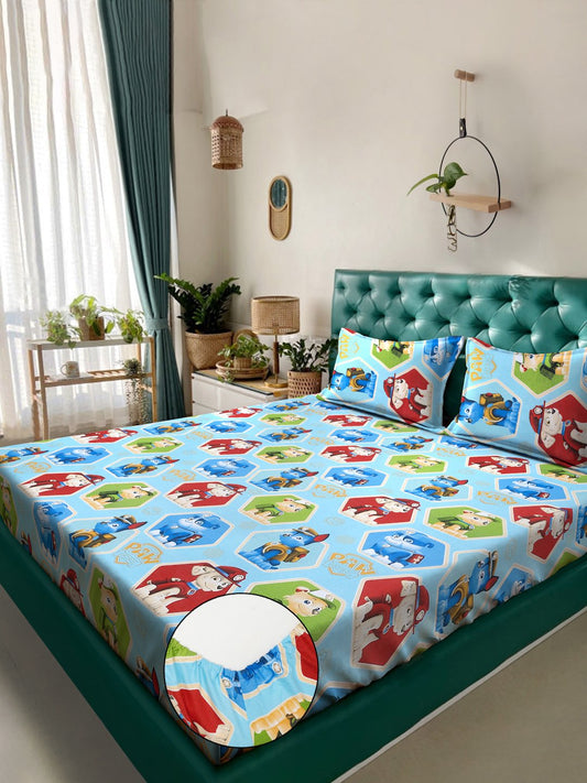 Blue Cartoon Characters 400 TC Pure Cotton Fitted Double Bedsheet with 2 Pillow Covers