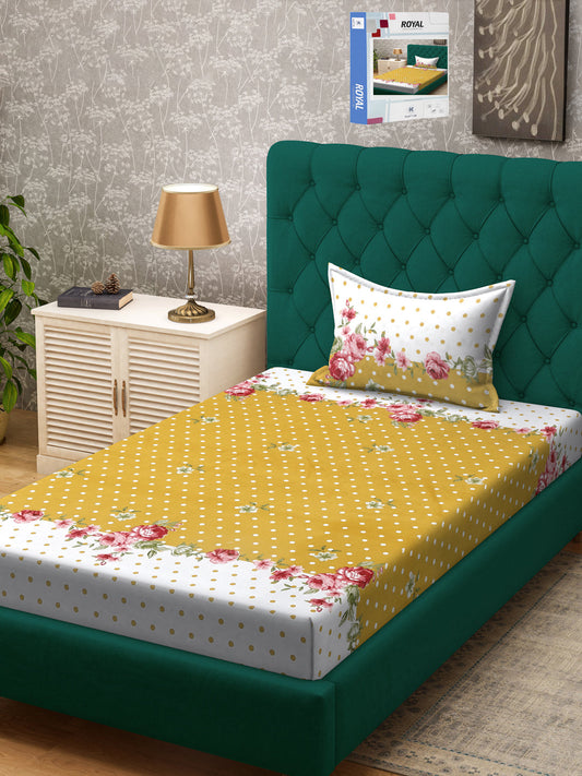 Klotthe Yellow Floral 300 TC Cotton Blend Single Bedsheet Set in Book Fold Packing