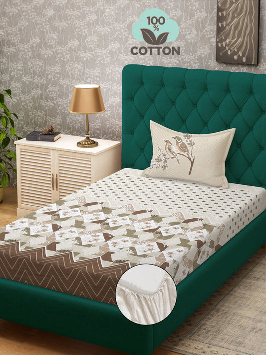 Klotthe Brown Geometric 400 TC Pure Cotton Fitted Single Bedsheet with Pillow Cover