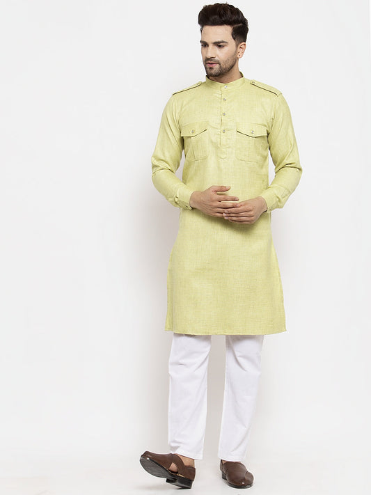 Klotthe Green Mandarin Collar Solid Cotton Kurta