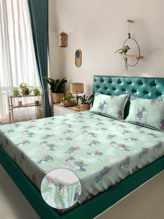 Green Cartoon Characters 400 TC Fitted Pure Cotton Double Bedsheet with 2 Pillow Covers