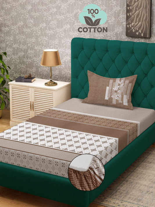 Klotthe Brown Geometric 400 TC Pure Cotton Fitted Single Bedsheet with Pillow Cover