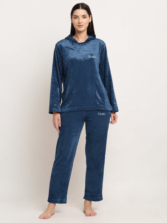 Klotthe Women Turquoise Solid Wool Blend Hooded Night Suit