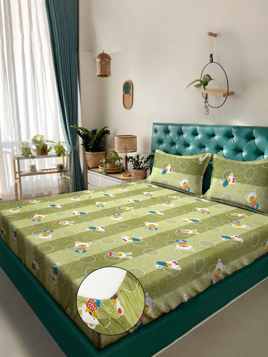 Green Cartoon Characters 400 TC Pure Cotton Fitted Double Bedsheet with 2 Pillow Covers