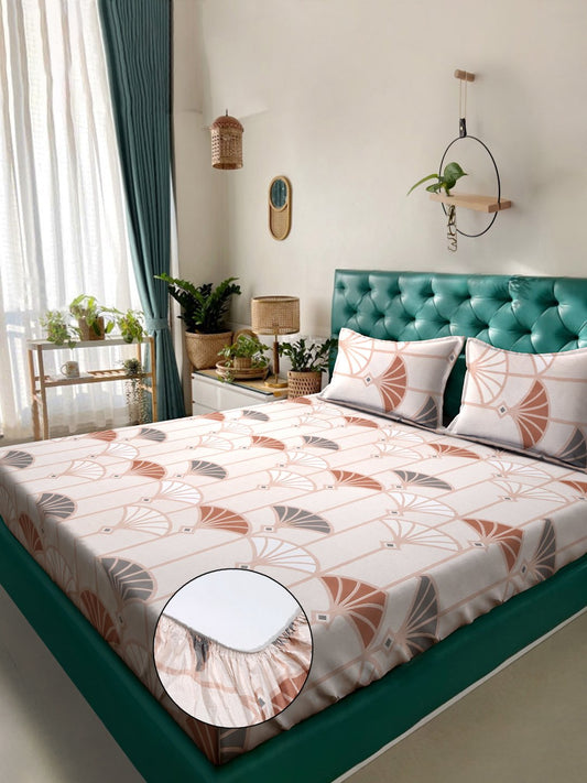 Cream Floral 300 TC Cotton Blend Fitted Double Bedsheet with 2 Pillow Covers