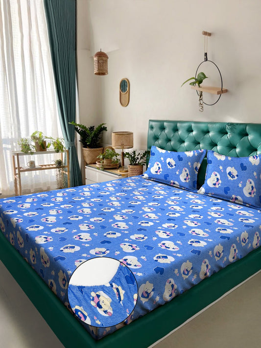 Blue Cartoon Characters 400 TC Pure Cotton Fitted Double Bedsheet with 2 Pillow Covers