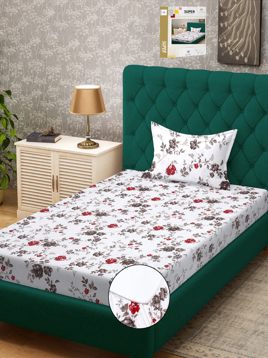 Klotthe White Floral 300 TC Cotton Blend Fitted Single Bedsheet Set in Book Fold Packing