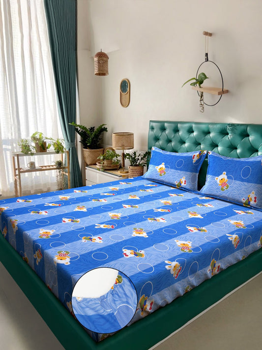 Blue Cartoon Characters 400 TC Pure Cotton Fitted Double Bedsheet with 2 Pillow Covers