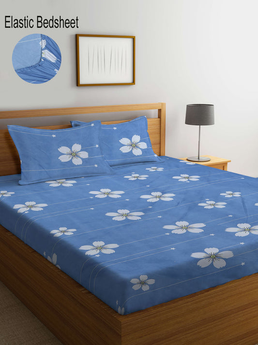 Klotthe Blue Floral 300 TC Cotton Blend Elasticated Double Bedsheet with 2 Pillow Covers