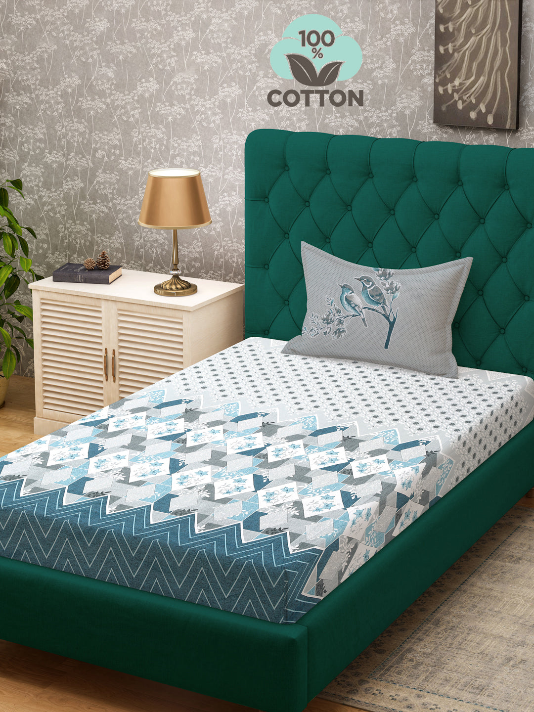 Klotthe Turquoise Geometric 400 TC Pure Cotton Single Bedsheet with Pillow Cover