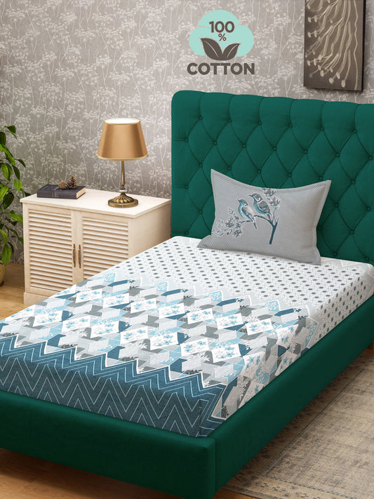 Klotthe Turquoise Geometric 400 TC Pure Cotton Single Bedsheet with Pillow Cover