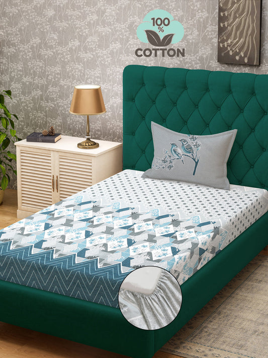 Klotthe Turquoise Geometric 400 TC Pure Cotton Fitted Single Bedsheet with Pillow Cover