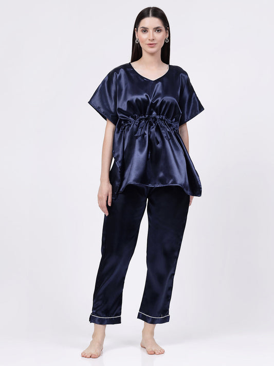 Klotthe Women Blue Solid Satin Kaftan Night Suit by KLOTTHE