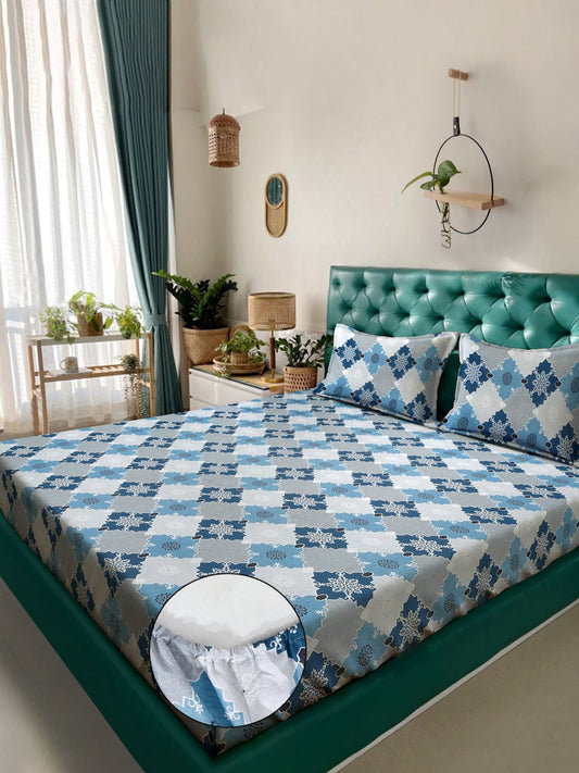 Blue Geometric 400 TC Pure Cotton Fitted Double Bedsheet with 2 Pillow Covers