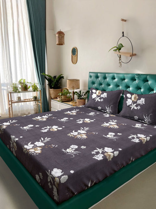 Brown Floral  300 TC Cotton Blend Fitted Double Bedsheet with 2 Pillow Covers