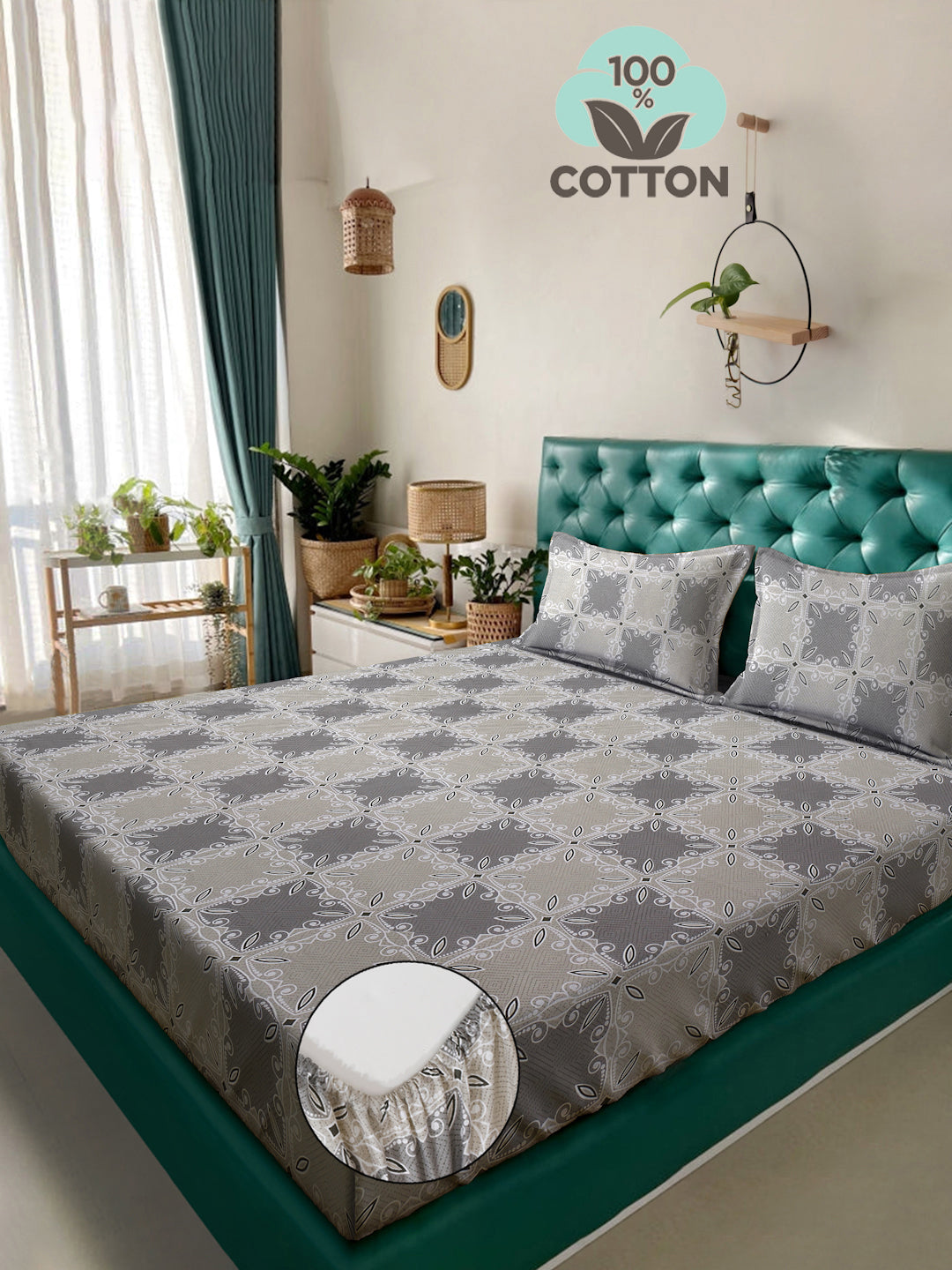 Klotthe Grey Floral 400 TC Pure Cotton Fitted Double Bedsheet with 2 Pillow Covers