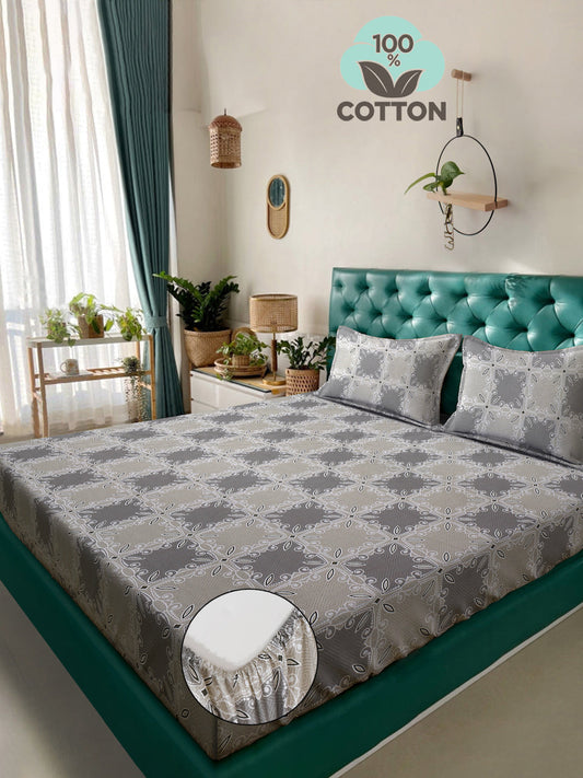 Klotthe Grey Floral 400 TC Pure Cotton Fitted Double Bedsheet with 2 Pillow Covers