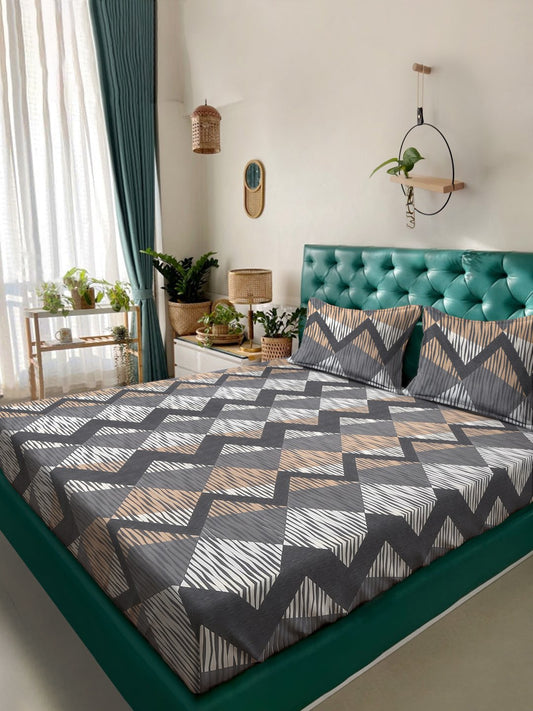 Grey Geometric  300 TC Cotton Blend Fitted Double Bedsheet with 2 Pillow Covers