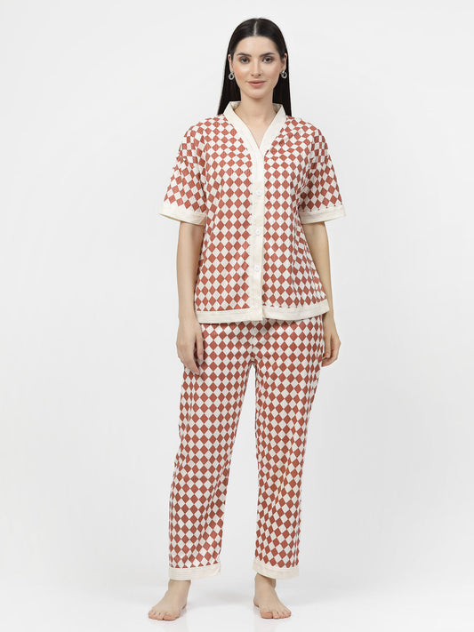 Klotthe Women Brown Geometric Satin Night Suit by KLOTTHE