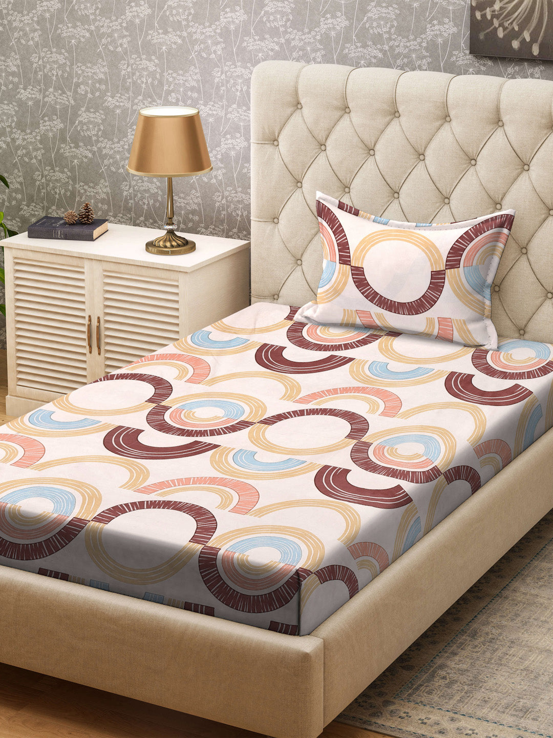 Klotthe Beige Geometric 300 TC Cotton Blend Single Bedsheet with Pillow Cover