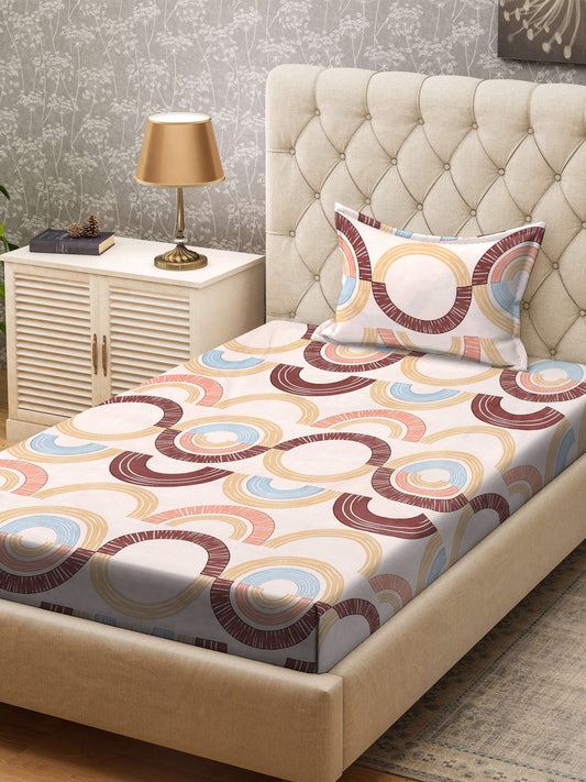Klotthe Beige Geometric 300 TC Cotton Blend Single Bedsheet with Pillow Cover