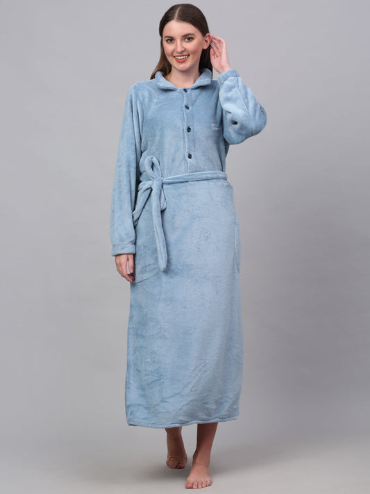Klotthe Women Blue Solid Bath Robe With Belt