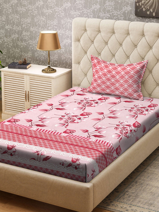 Klotthe Red Floral 300 TC Cotton Blend Single Bedsheet with Pillow Cover