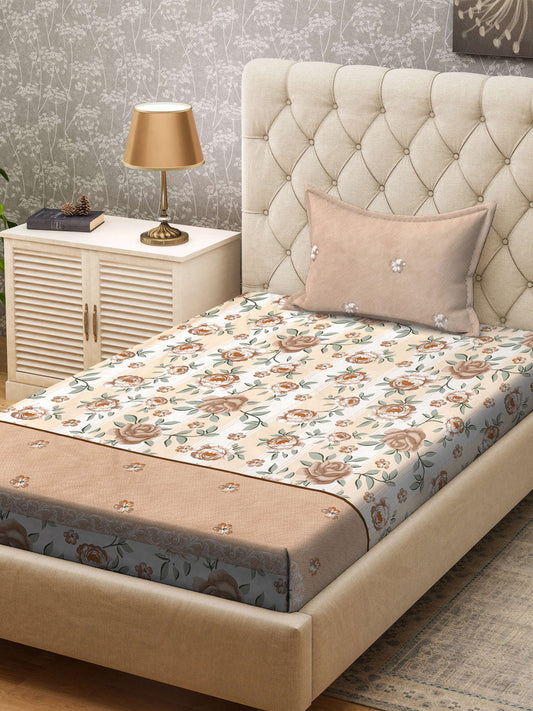 Klotthe Brown Floral 300 TC Cotton Blend Single Bedsheet with Pillow Cover