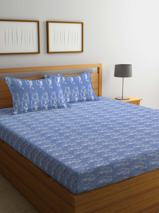 Klotthe Blue Cartoon Characters Pure Cotton Woven Design Double Bed Sheet with 2 Pillow Covers